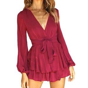 Women's Romper Double Layer Tie Waist Red Size XXL 2XL V Neck Stripe Balloon NEW